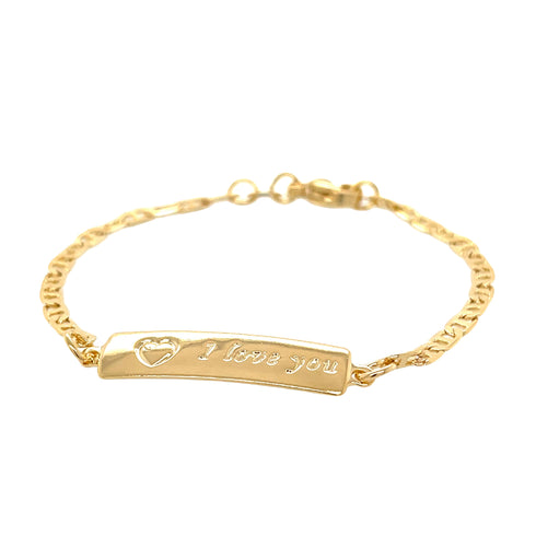 The I LOVE YOU plate Baby Bracelet showcases a mariner link design and a rectangular plate engraved with a heart and the words "I love you." Made from 14K gold filled material, it beautifully combines sentiment with elegance, making it an ideal gift for loved ones.